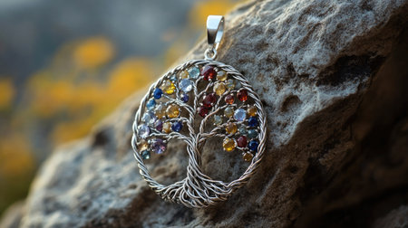 A beautifully crafted silver Tree of Life pendant featuring a stunning arrangement of colorful gemstones, set against a natural backdrop. Perfect for nature lovers.の素材