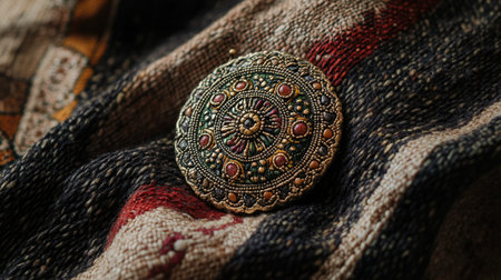 An exquisite antique brooch featuring intricate detailing and colorful stones, placed on a richly textured textile background, showcasing timeless craftsmanship.の素材