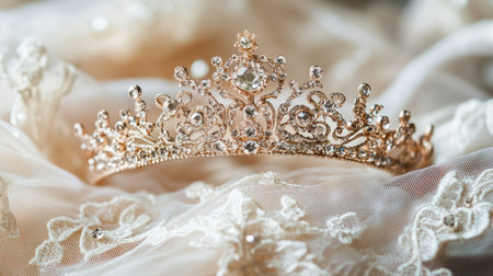 A stunning rose gold tiara delicately placed on soft lace fabric, showcasing intricate designs and a luxurious touch for bridal or special occasions.の素材