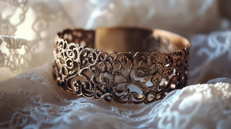 This stunning vintage bronze bracelet showcases intricate floral designs resting on soft lace fabric, highlighting elegance and craftsmanship in jewelry.の素材