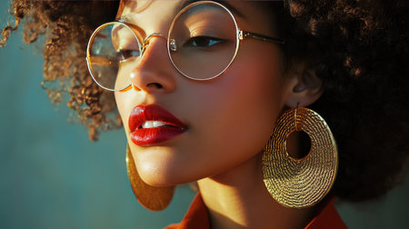 This captivating close-up portrait showcases a stylish woman with beautiful curly hair, oversized glasses, and striking red lips, embodying confidence and elegance.の素材