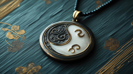 This captivating yin yang pendant features intricate gold accents and rests on a beaded necklace. Its design symbolizes balance and harmony, perfect for spiritual expression.の素材