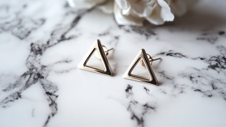 Stunning triangle earrings made of gleaming metal sit elegantly on a marble surface, accented by soft floral elements, perfect for modern fashion collections.の素材