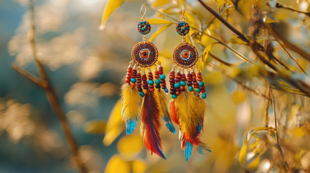 Stunning bohemian earrings featuring vibrant feathers and colorful beads hang gracefully from a twig against a sunlit autumn backdrop, showcasing exquisite craftsmanship.の素材