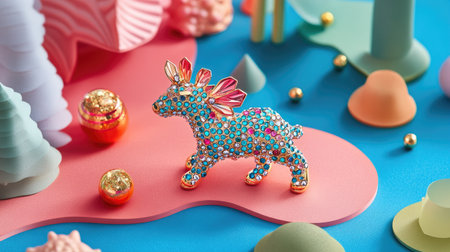 A vibrant scene featuring a decorative animal figure embellished with colorful gems set against geometric shapes and playful forms on a bright blue background.の素材