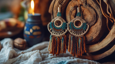 This image features elegant handmade macrame earrings adorned with colorful tassels, beautifully set against a rustic wood background, creating a cozy atmosphere.の素材