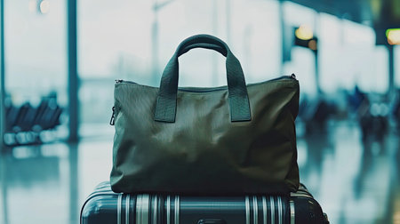 A stylish travel bag rests atop a silver suitcase at a modern airport terminal, with a blurred background showcasing a calm and organized travel atmosphere.の素材