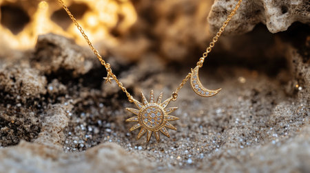 This stunning golden necklace features a sun and moon pendant, elegantly displayed on a sandy background, with soft natural light enhancing its sparkle.の素材