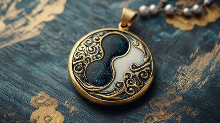 Captivating yin yang pendant resting on a beautifully textured background. The pendant features intricate designs with glossy finishes, showcasing harmony and balance.の素材
