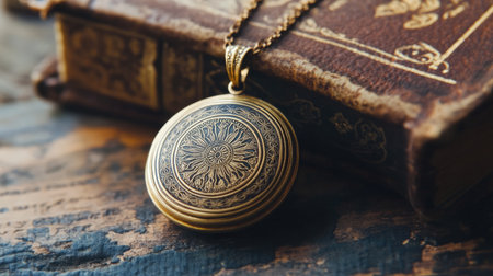 An exquisite antique locket featuring a beautifully intricate floral pattern, resting on a vintage book that enhances its timeless charm and elegance.の素材