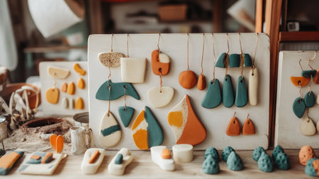 An inviting scene showcasing colorful ceramic jewelry pieces creatively arranged on display. Handcrafted with eco-friendly materials, this art captures modern aesthetics and artistic flair in a cozy workspace. Perfect for craft enthusiasts and those who appreciate unique design.の素材