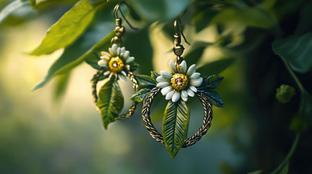Discover stunning handmade earrings featuring a vibrant floral design with green leaves, ideal for showcasing a love of nature-inspired fashion and artistry.の素材