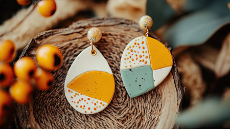 Stunning handmade earrings with a unique geometric design in earthy tones resting on a rustic surface, perfect for adding a fashionable touch.の素材