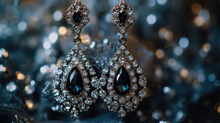 Stunning and elegant vintage-style earrings featuring dark gemstones and sparkling crystals, perfect for fashion photography, showcasing luxury and beauty.の素材
