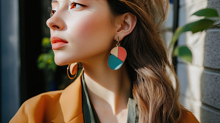 A stylish woman showcases colorful earrings against an urban backdrop, exuding confidence and elegance. This close-up portrait highlights modern fashion.の素材