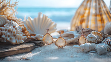Beautifully crafted shell jewelry placed on soft sand, surrounded by an array of seashells, evoking the serene essence of coastal beauty and nature.の素材