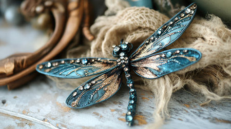 This captivating decorative dragonfly ornament features an intricate blue and metallic design with sparkling embellishments. Perfect for home decor or artistic displays.の素材