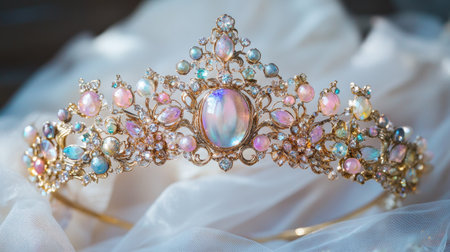 An exquisite antique tiara featuring colorful gemstones set against a soft fabric background. This elegant piece showcases intricate designs that embody luxury and beauty.の素材