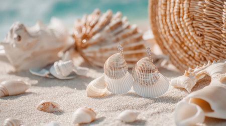 Discover the beauty of nature with these elegant shell-inspired earrings, beautifully displayed on sandy beach surroundings, accented by seashells.の素材
