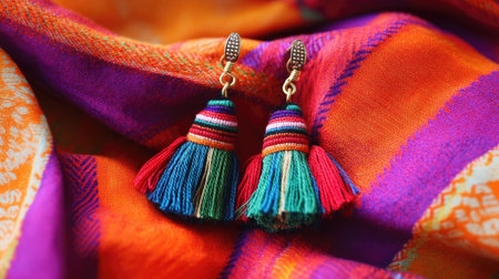Captivating close-up of vibrant handmade tassel earrings displayed on a richly patterned fabric. Perfect for showcasing creative fashion accessories.の素材