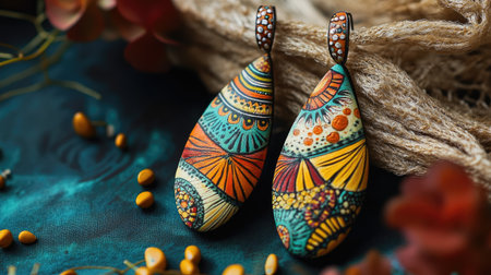 Beautifully designed hand-painted earrings showcasing intricate patterns and vibrant colors, set against a textured background with natural elements.の素材