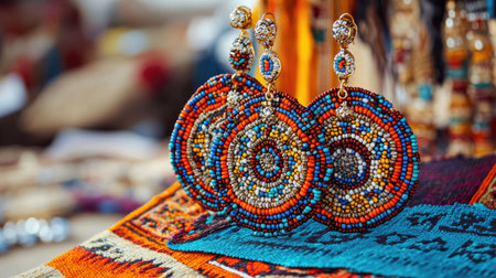 Vibrant handmade earrings featuring intricate beadwork are beautifully displayed against a colorful textile background, showcasing artistic craftsmanship.の素材