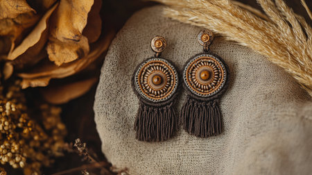 This image features a pair of handcrafted bohemian earrings with fringe, beautifully displayed on a rustic surface surrounded by natural elements.の素材