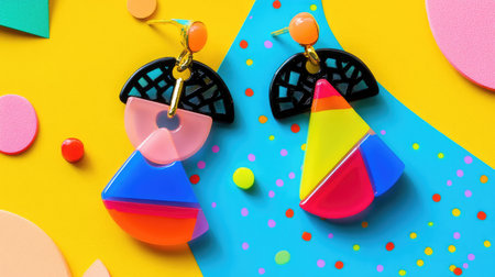 This captivating image features a pair of colorful geometric earrings set against a vibrant background, celebrating bold design and playful aesthetics.の素材