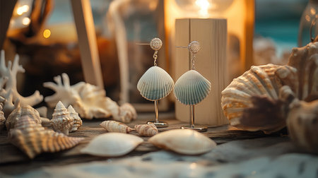 Beautifully crafted shell earrings sit elegantly on a rustic table surrounded by seashells and warm candlelight, creating a serene coastal ambiance.の素材