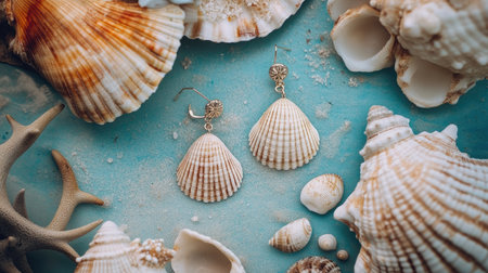 Beautiful seashell earrings are delicately arranged among various seashells, creating a tranquil beach-inspired aesthetic that showcases nature's artistry.の素材