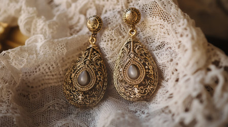 A stunning pair of vintage gold filigree earrings featuring pearls, elegantly showcased against a soft lace background, perfect for your jewelry collection.の素材