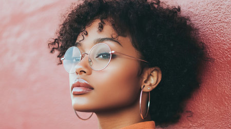 This captivating portrait features a young woman with gorgeous curly hair and stylish glasses, embodying confidence and modern style against a vibrant red backdrop.の素材