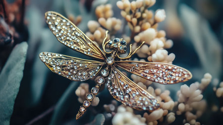 An exquisite dragonfly brooch featuring sparkling crystals, elegantly placed on delicate flowers, captures the charm of nature and artistic design. Perfect for fashion enthusiasts.の素材