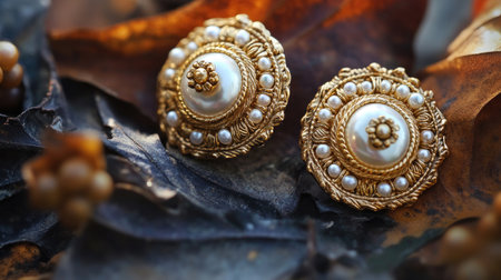 A stunning close-up of elegant vintage earrings featuring pearl cabochons and intricate gold detailing, beautifully set against autumn leaves, showcasing timeless beauty and craftsmanship.の素材