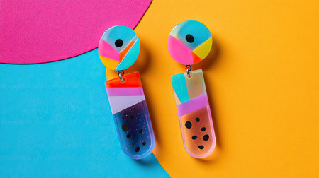 A pair of colorful abstract earrings showcased on a vibrant geometric background, highlighting a mix of bright patterns and textures, perfect for fashion lovers.の素材