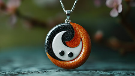 Captivating close-up of an elegant yin yang necklace featuring a striking black and orange design, perfect for fashion enthusiasts and unique jewelry lovers.の素材