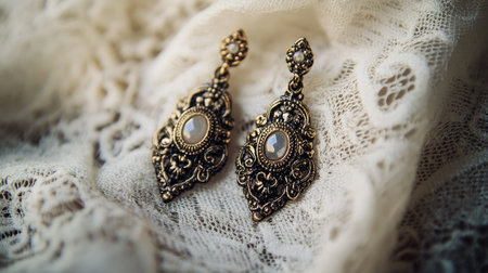 Discover the elegance of these antique style earrings beautifully set against a delicate lace backdrop, showcasing intricate patterns and timeless charm.の素材