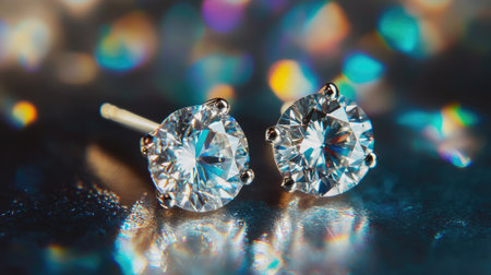 Captivating close-up of sparkling diamond earrings on a shiny surface. The colorful bokeh effect enhances the luxury and elegance perfect for fashion promotions.の素材