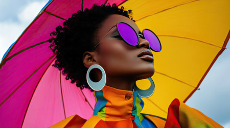 A striking portrait of a fashionable model showcasing vibrant colors with a stylish umbrella and sunglasses, embodying confidence and creativity against a bright sky.の素材
