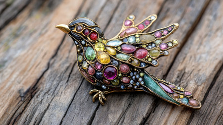 This stunning handcrafted brooch features a colorful bird design adorned with vivid gemstones. The intricate details and vibrant hues make it a perfect accessory for any outfit.の素材