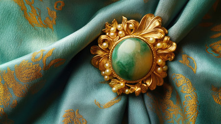 This beautiful brooch features a green gem accented with pearls, resting on soft, luxurious fabric. Ideal for design projects that evoke elegance and sophistication.の素材