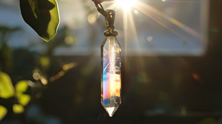 A striking image of a crystal pendant highlighted by sunlight, showcasing vibrant colors and reflections, perfect for nature and jewelry themes.の素材