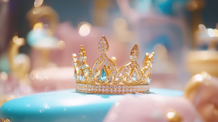 A stunning golden crown embellished with sparkling jewels is featured on a soft pastel blue background, creating a dreamy and elegant atmosphere. Perfect for themes of royalty and luxury.の素材