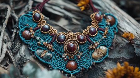 This exquisite handcrafted necklace features stunning gemstones intricately woven in a macrame design, resting on a rustic natural background, perfect for unique fashion.の素材