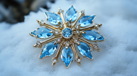 This exquisite brooch features vibrant blue crystals elegantly arranged on a white snow background, ideal for jewelry and winter-themed photography.の素材