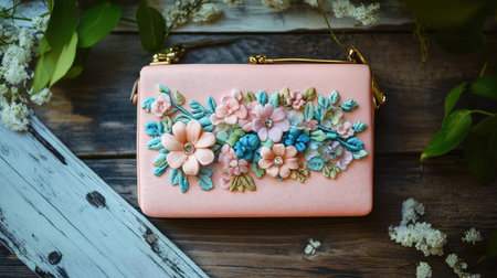 A stunning pink clutch bag adorned with intricate floral embroidery, set against a rustic wooden backdrop. Perfect for fashion enthusiasts and style inspiration.の素材