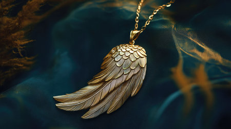This enchanting image features a golden feather pendant on a delicate chain, highlighted against a soft, luxurious background, showcasing its intricate details and beauty.の素材