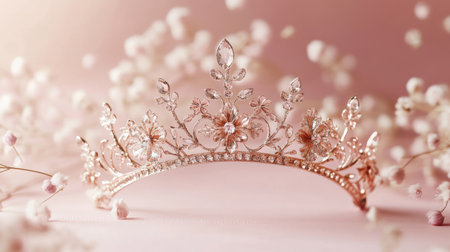A stunning rose gold tiara beautifully embellished with crystals and floral accents, resting on a soft pink background, ideal for weddings or special events.の素材