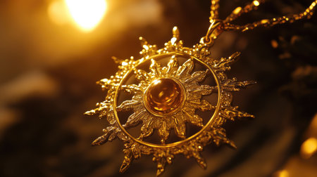 A stunning golden sun pendant featuring a glowing gemstone centerpiece, beautifully illuminated by warm light, showcasing intricate craftsmanship and elegance.の素材