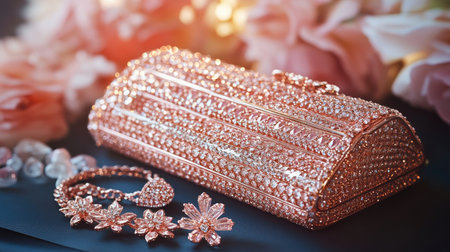 A stunning rose gold clutch bag sparkling with crystals sits alongside delicate floral jewelry, complemented by soft pink roses, creating an elegant harmony.の素材